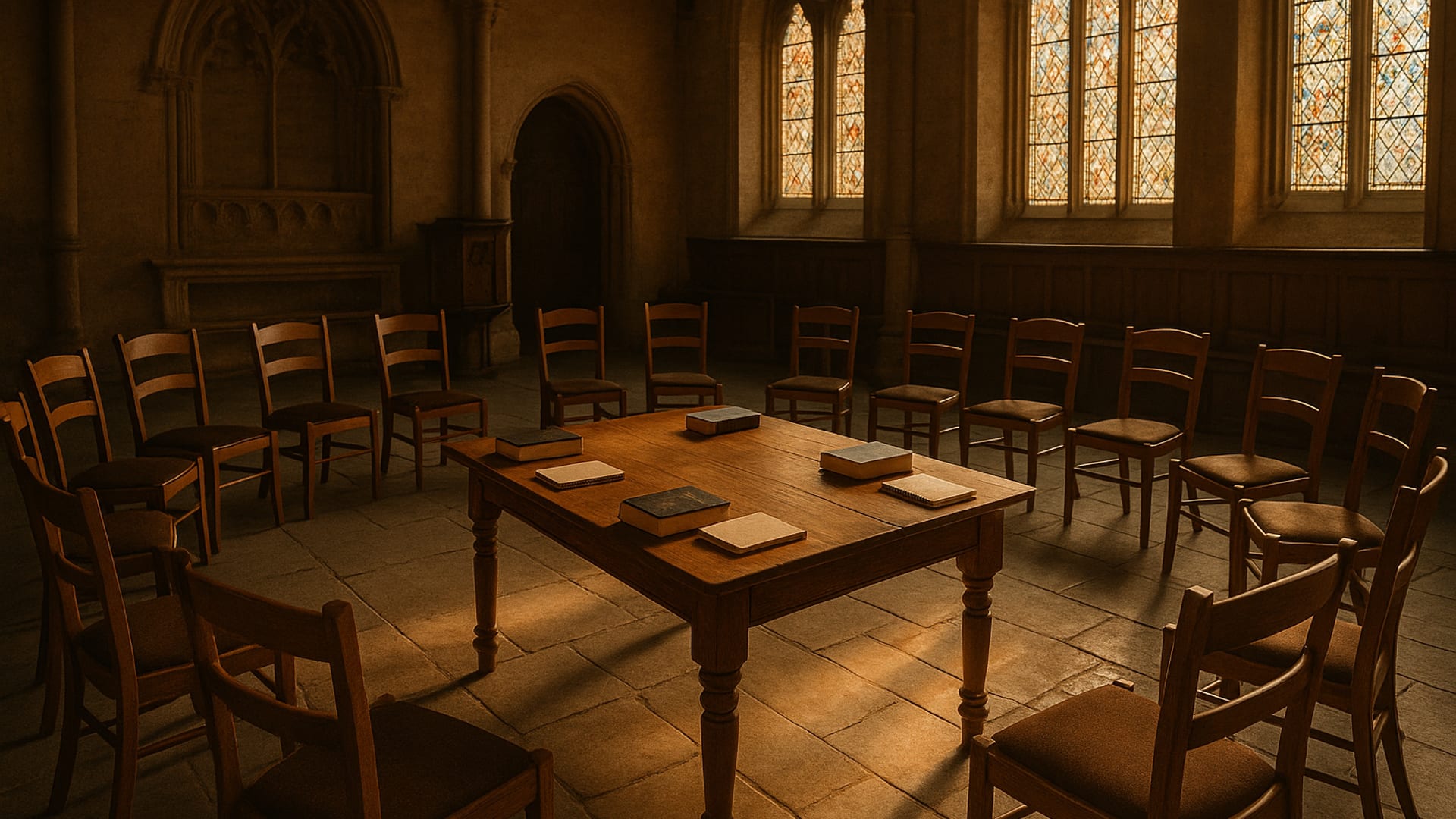 A historic church sanctuary at evening prayer, empty pews and warm light