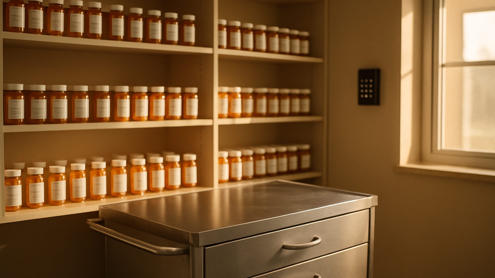 A senior living medication room with a clean medication cart and organized shelving