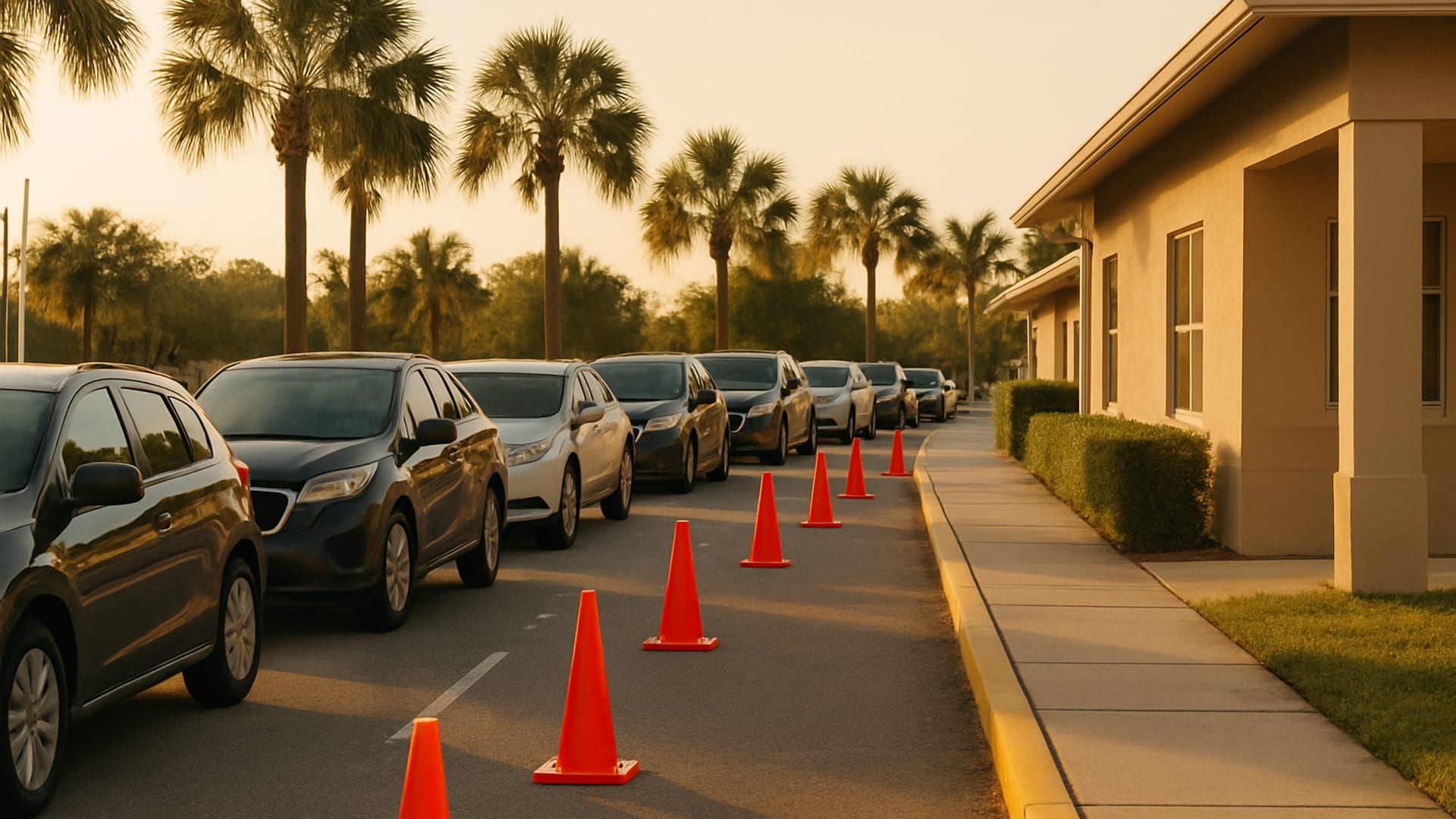 A Florida preschool pickup area at golden hour with cones marking a controlled lane