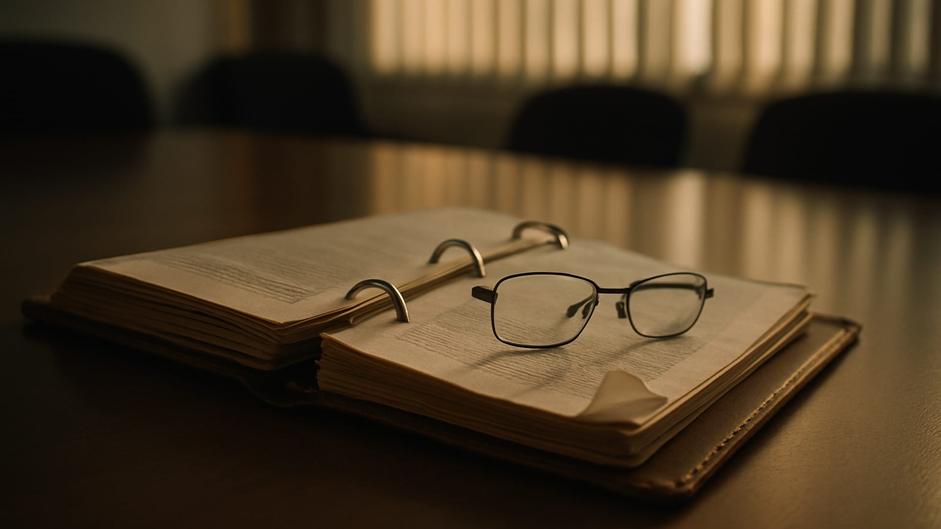 A binder of policies open on a table, afternoon light through blinds