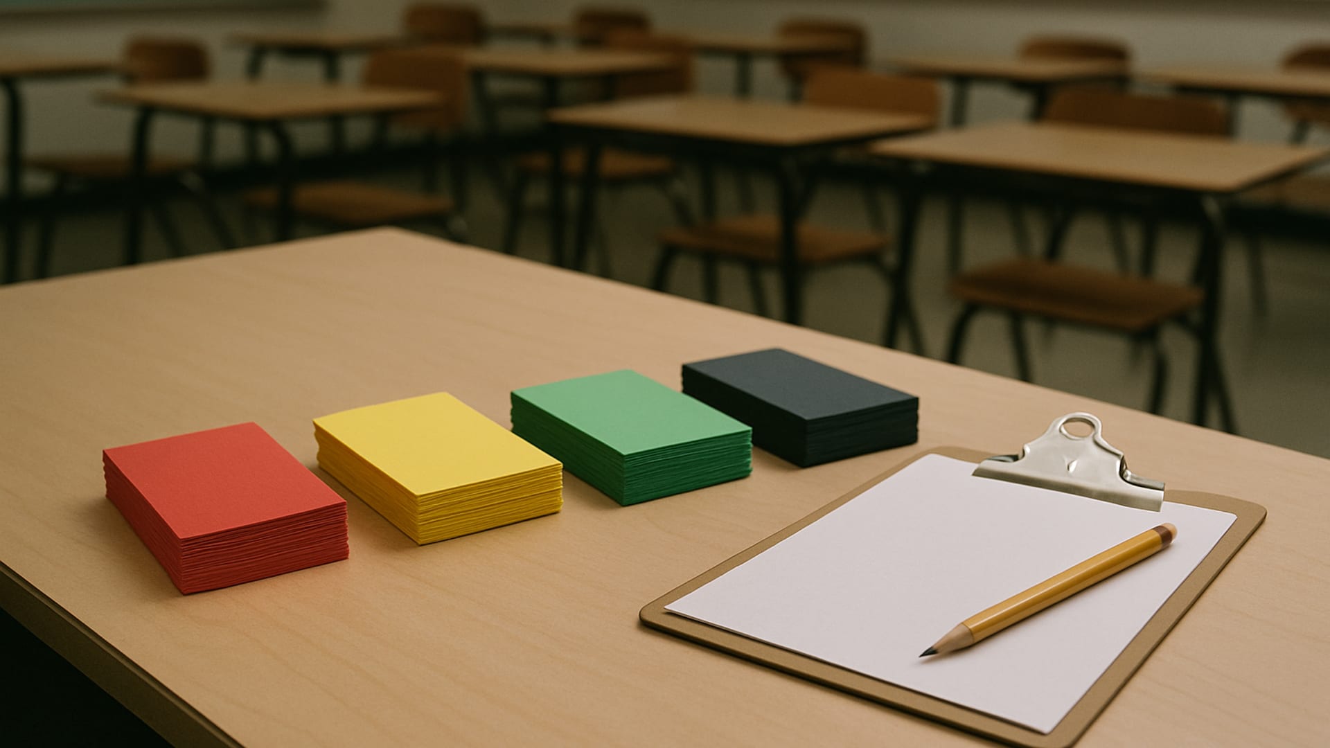 A quiet training room with triage colored tags laid out for demonstration
