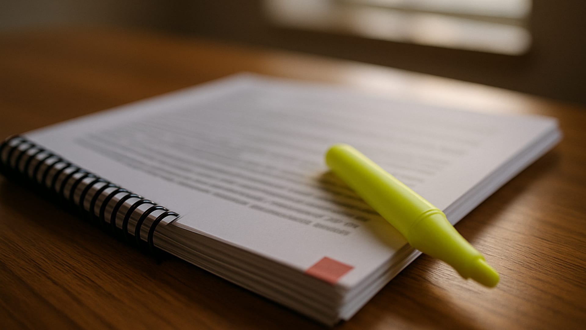 A printed audit report on a wooden desk next to a pair of reading glasses