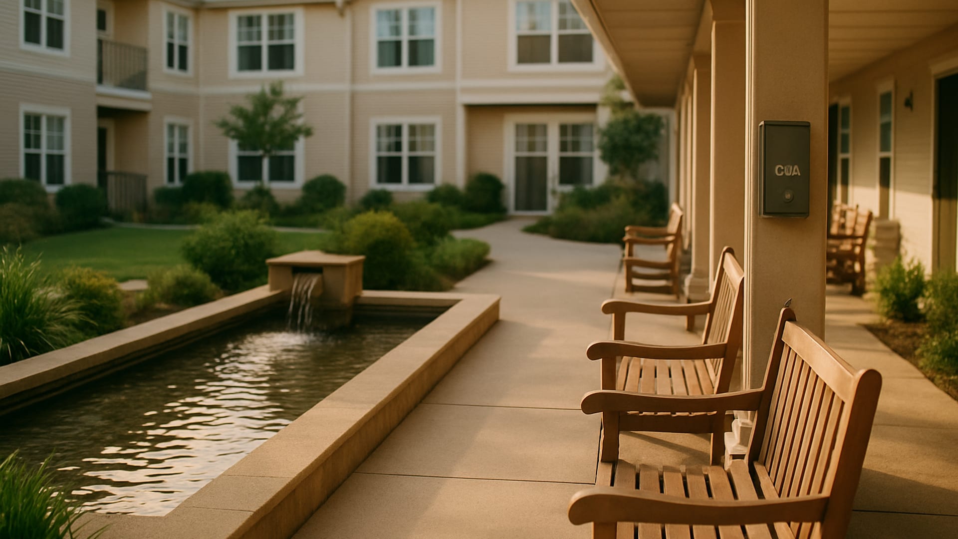 A peaceful senior living courtyard at dusk in Southwest Florida