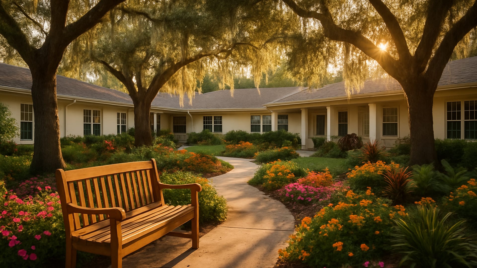 A peaceful senior living courtyard at dusk in Southwest Florida