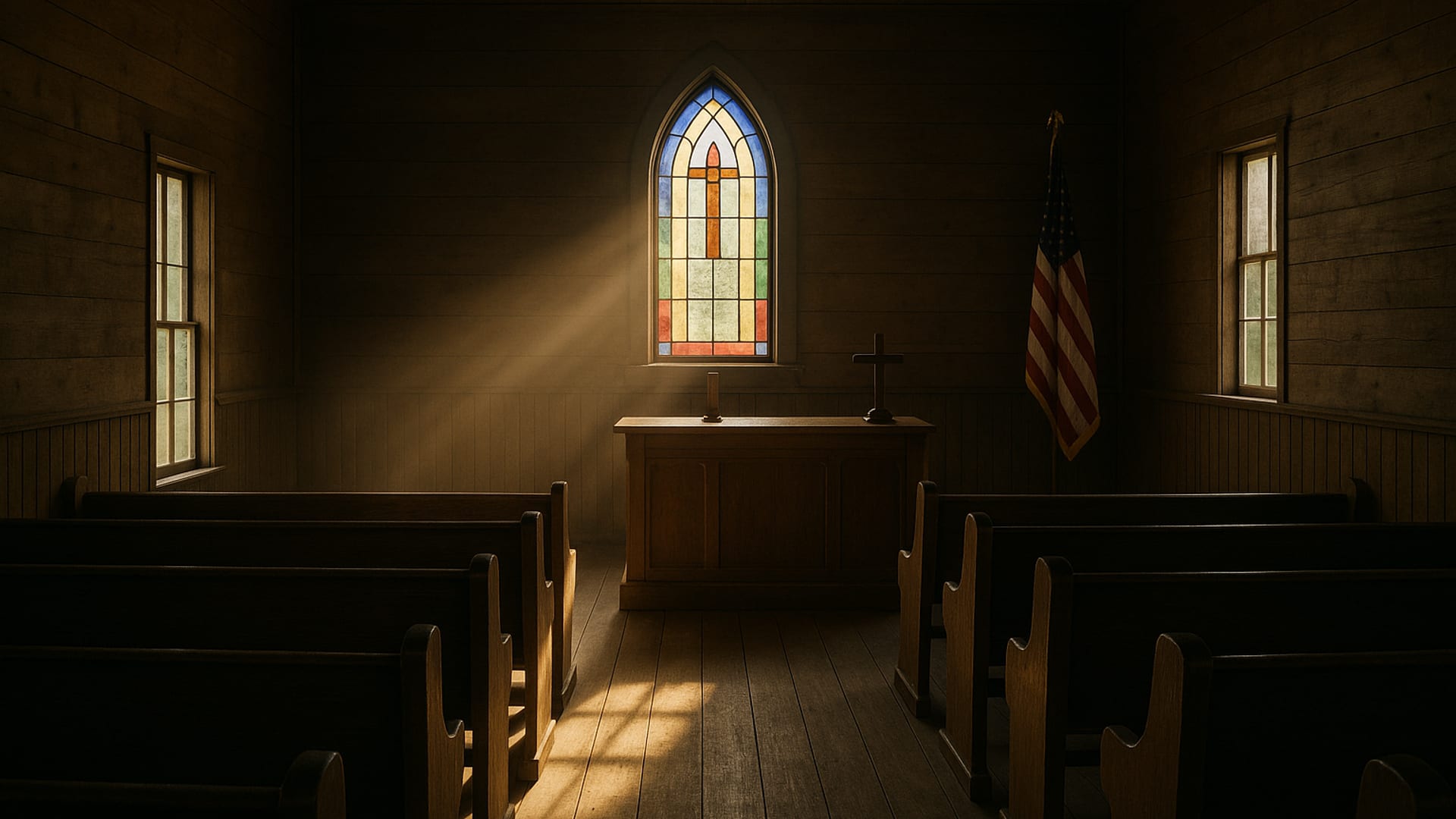 A small country church at morning light, gate open, gold-hour sun