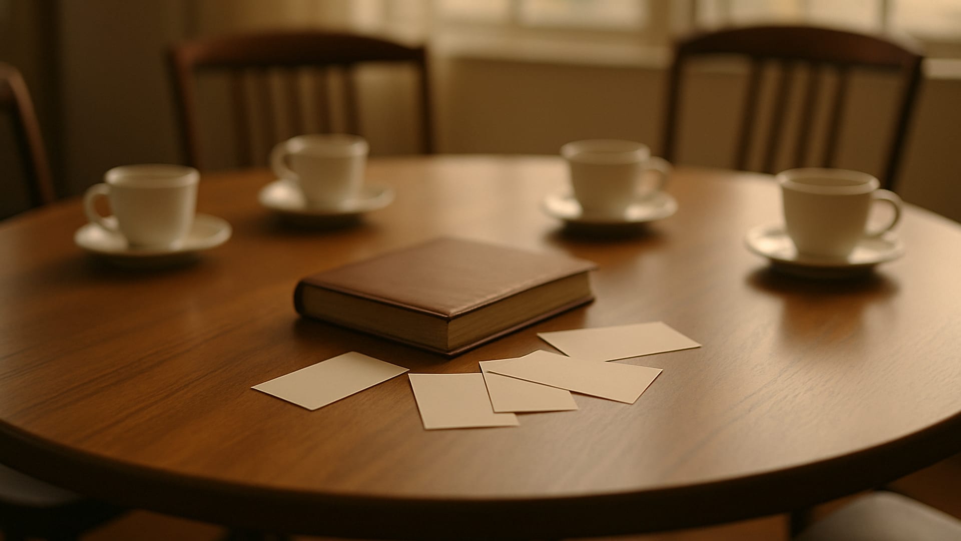 A conference table with a tabletop exercise scenario card and notes